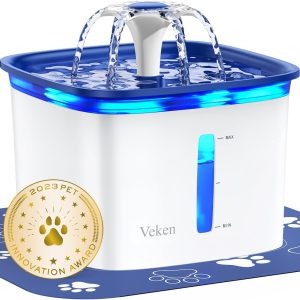 Veken 95oz Stainless Steel Cat Water Fountain – Award-Winning Automatic Pet Fountain with 5-Stage Filtration, Ultra-Quiet Pump, Blue