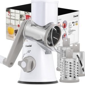 Geedel Rotary Cheese Grater – Handheld Mandoline Slicer with 3 Interchangeable Blades for Cheese, Vegetables & Nuts, White