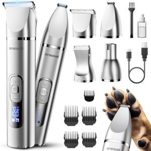 oneisall 4-in-1 Dog Grooming Kit – Rechargeable Pet Hair Trimmer with Nail Grinder, LCD Display, Cordless Waterproof Design