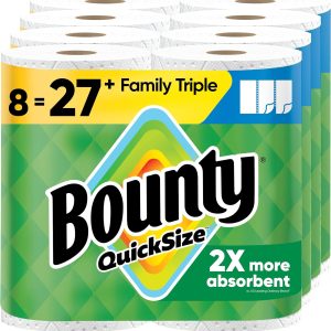 Bounty Quick-Size Paper Towels 8 Family Triple Rolls – 2X More Absorbent White Paper Towels, Equivalent to 27 Regular Rolls