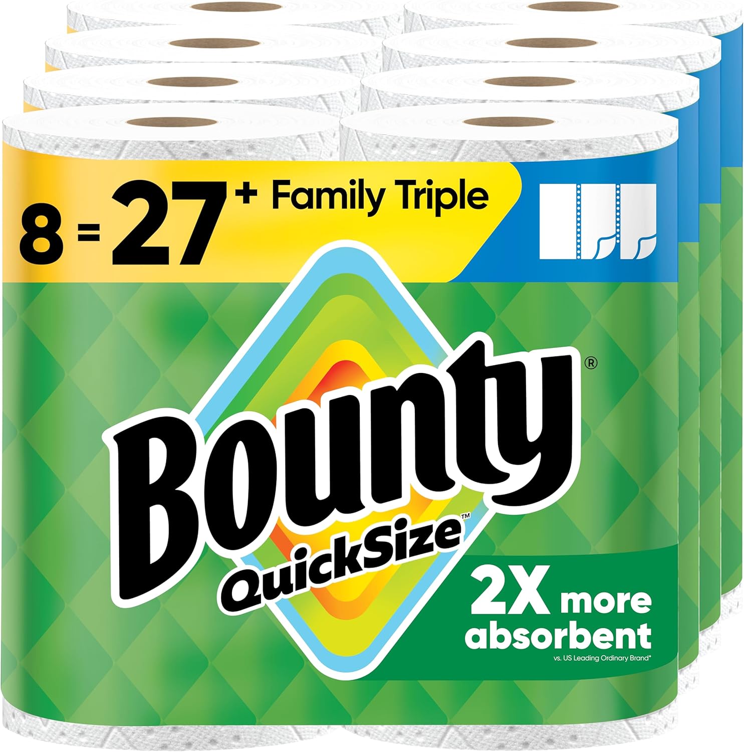Bounty Quick-Size Paper Towels 8 Family Triple Rolls – 2X More Absorbent White Paper Towels, Equivalent to 27 Regular Rolls