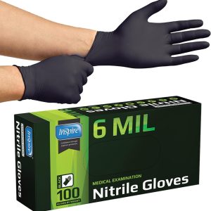 Inspire Black Nitrile Gloves Heavy Duty – 6 Mil Thick, Chemical Resistant, Latex-Free Disposable Gloves 100ct