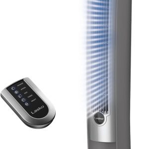 Lasko 42″ Oscillating Tower Fan with Remote – 3 Speeds, 7.5-Hour Timer & Nighttime Setting for Bedrooms, Silver