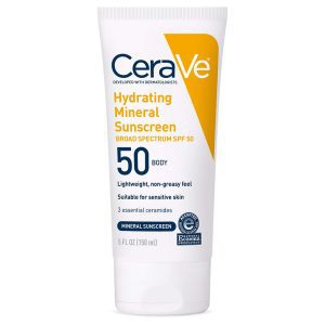 CeraVe Hydrating Mineral Sunscreen SPF 50 – Zinc Oxide Face & Body Sunscreen with Ceramides, 2.5oz