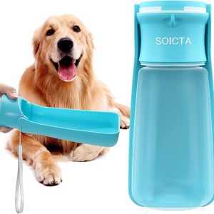 SOICTA Portable Dog Water Bottle 19oz – Leak-Proof Travel Dispenser with One-Touch Valve, Foldable Bowl, Carabiner Clip