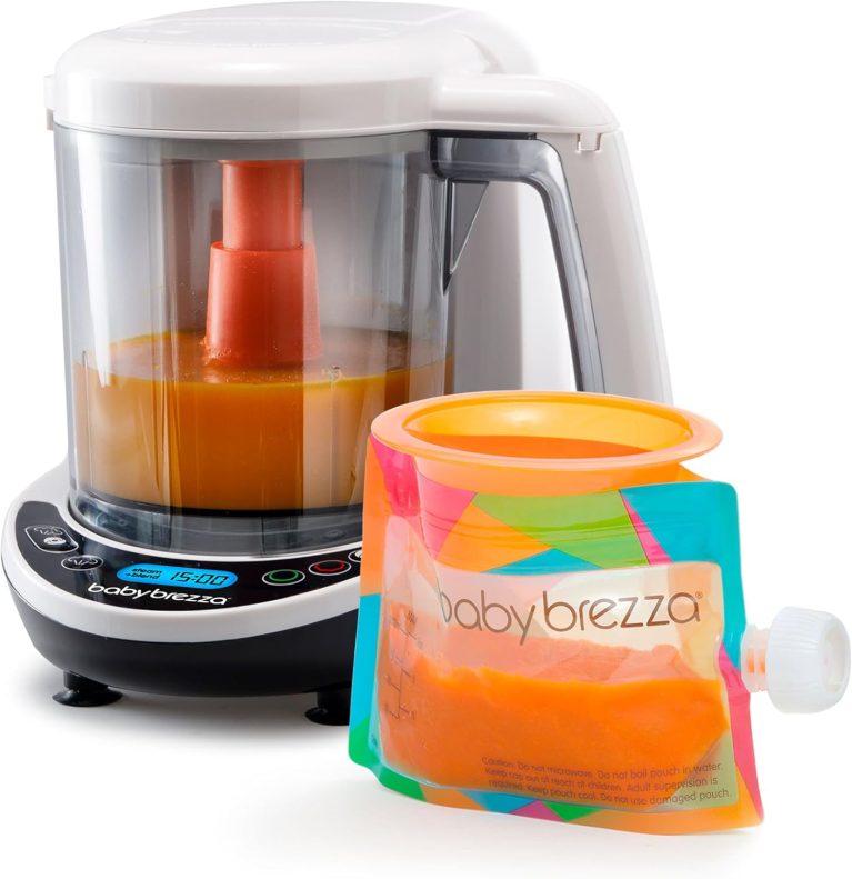 Baby Brezza One Step Deluxe Food Maker – Auto Steam & Blend Purees in Minutes, Dishwasher Safe with 3 Pouches